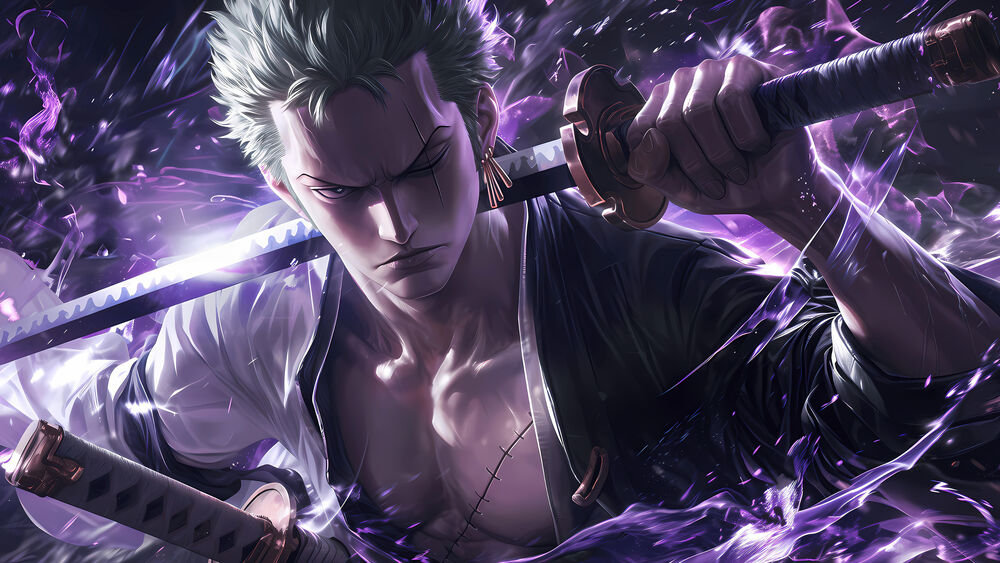 Обои для рабочего стола Ророноа Зоро / Roronoa Zoro с катаной за шеей в сиреневом цвете из аниме Ван Пис / One Piece
