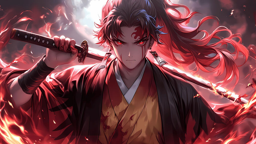Обои для рабочего стола Камадо Танжиро / Tanjiro Kamado с катаной из аниме Demon Slayer: Kimetsu no Yaiba / Клинок, рассекающий демонов