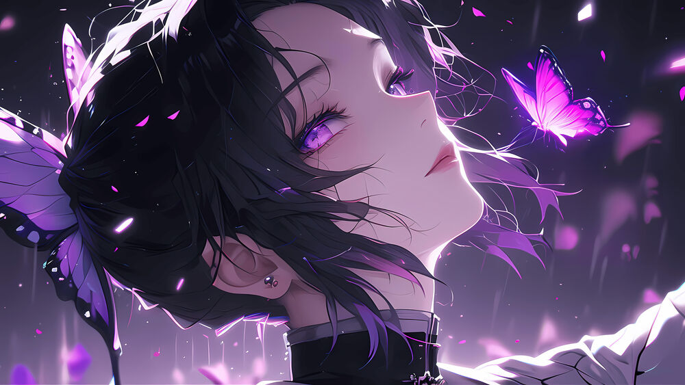 Обои для рабочего стола Канаэ Кочо / Kanae Kocho, Кочо Шинобу / Shinobu Kocho, Канао Цуюри / Kanao Tsuyuri из аниме Demon Slayer: Kimetsu no Yaiba / Клинок, рассекающий демонов на фиолетовом фоне среди бабочек