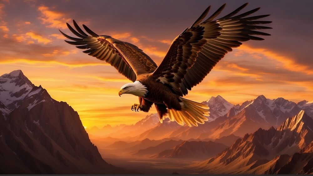 Обои для рабочего стола Белоголовый орлан парит в воздухе над землей среди гор на закате