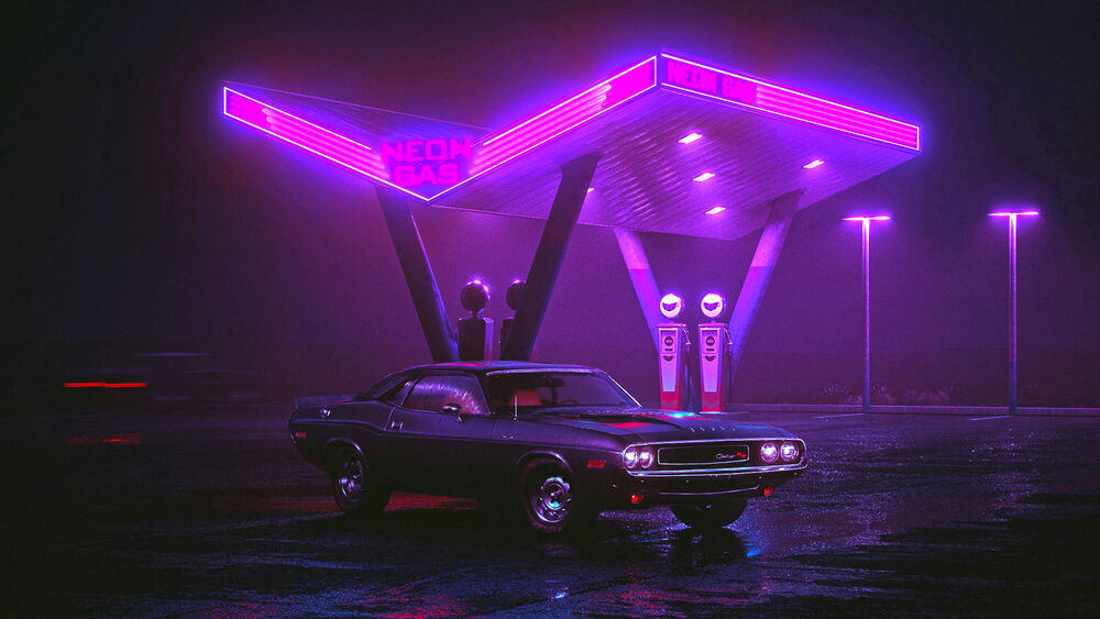 Обои для рабочего стола Dodge на заправке ночью в неоновом сиреневые свете (Neon gas)