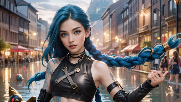 Обои на рабочий стол Джинкс / Jinx, персонаж на фоне затопленного города из видеоигры Лига Легенд / League of Legends