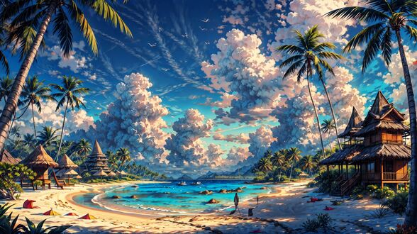 Обои Морская бухта с песчаным пляжем, пальмы, бунгало и голубое небо с облаками  на рабочий стол