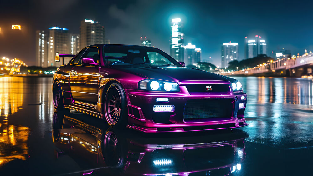 Обои для рабочего стола Nissan Skyline X (R34) на мокрой дороге на фоне ночного города