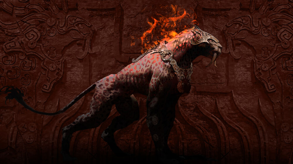 Обои для рабочего стола Адское животное в пламени на бордовом фоне из игры Diablo IV