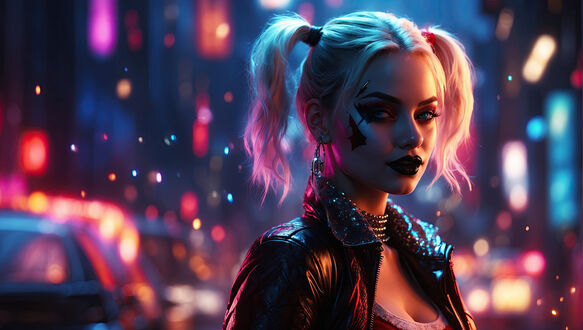 Обои на рабочий стол Harley Quinn / Харли Квинн в кожаной куртке н фоне ночного города в неоновом свете