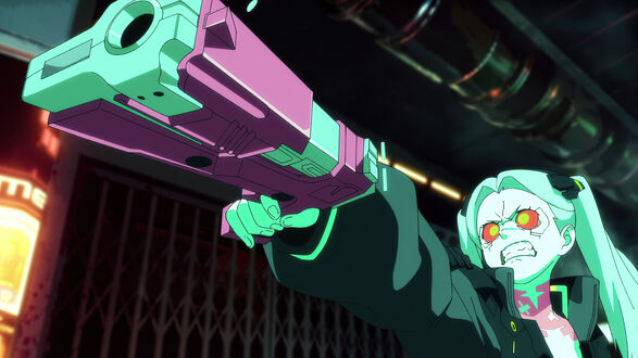 Обои на рабочий стол Ребекка стреляет из оружия из аниме Cyberpunk: Edgerunners