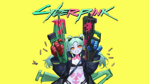 Обои на рабочий стол Ребекка позирует с оружием на желтом фоне из аниме Cyberpunk: Edgerunners