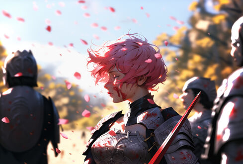 Обои на рабочий стол Молодая девушка воин с малиновыми волосами и следами крови на лице стоит на фоне идущих сквозь лес солдат