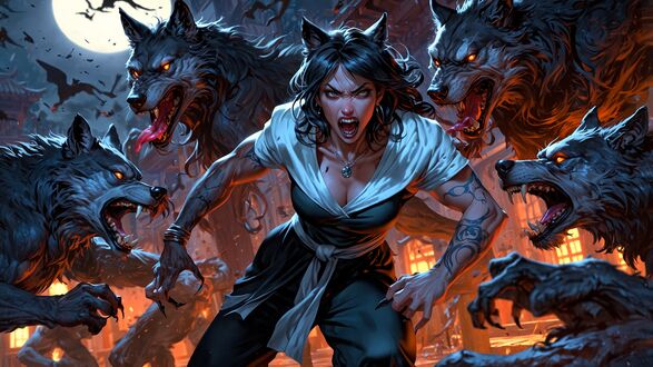 Обои на рабочий стол Превращение девушки в оборотня на фоне других оборотней
