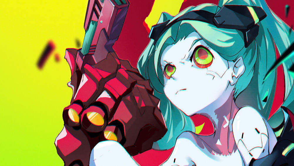 Обои для рабочего стола Ребекка задумалась с пистолетом в руке из аниме Cyberpunk: Edgerunners