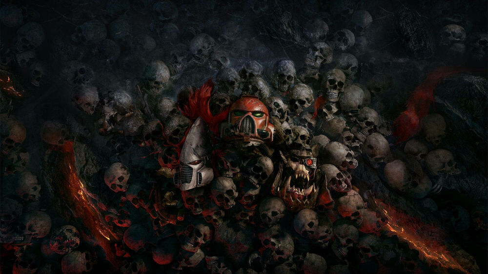Обои для рабочего стола Гора черепов и шлемов штурмовиков из игры Warhammer 40k death