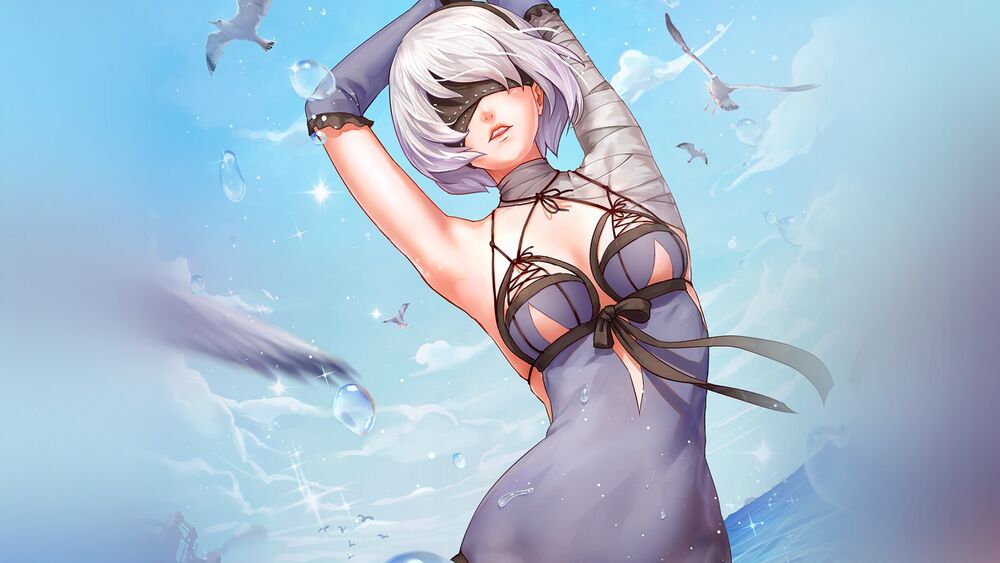 Обои для рабочего стола YoRHa No. 2 Type B (2B) подняла руки за голову на фоне голубого неба и чаек из игры NieR: Automata