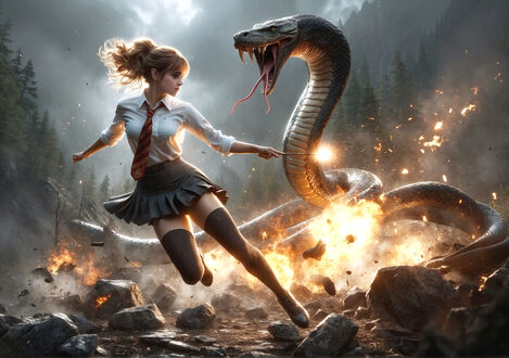 Обои на рабочий стол Hermione Granger / Гермиона Грейнджер сражается с огромной змеей на фоне горных лесов