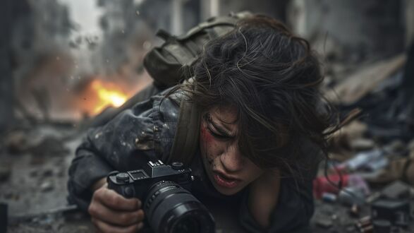 Обои на рабочий стол Девушка военный фото репортер прячется от взрыва на улице