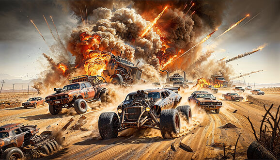Обои на рабочий стол Взрыв грузовика на гонках по пустыне из игры Mad Max / Безумный Макс