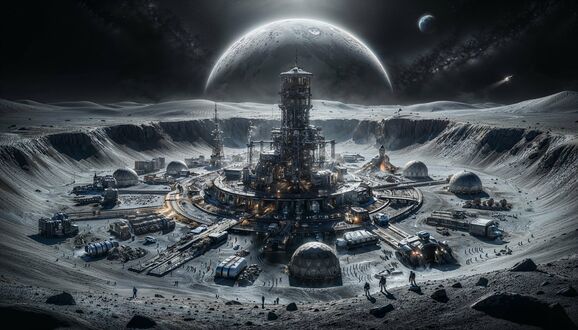 Обои на рабочий стол Космическая станция в кратере на фоне планеты