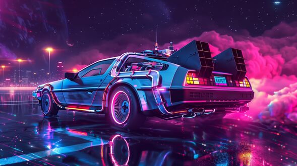 Обои на рабочий стол DeLorean из фильма Назад в будущее стоит на дороге у города