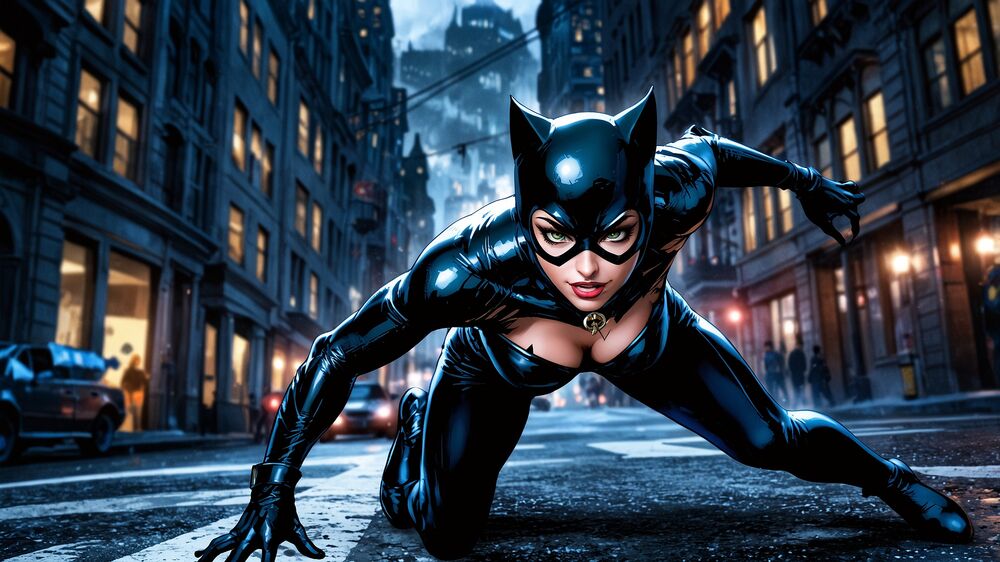 Обои для рабочего стола Catwoman / Женщина-кошка по среди дороги ночного города