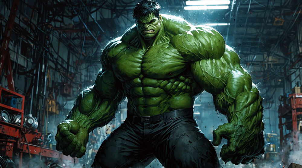Обои для рабочего стола Hulk / Халк супергерой комиксов издательства Marvel Comics стоит в мастерской