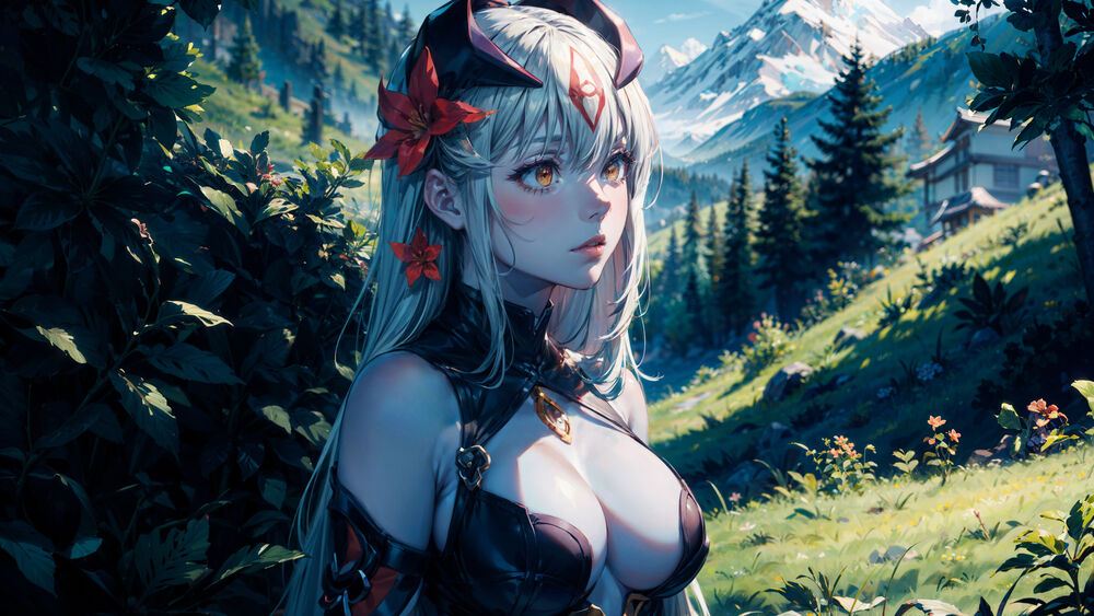 Обои для рабочего стола Alice / Алиса в горах на фоне пышной зелени, персонаж из игры Mon-Musu Quest / Monster Girl Quest