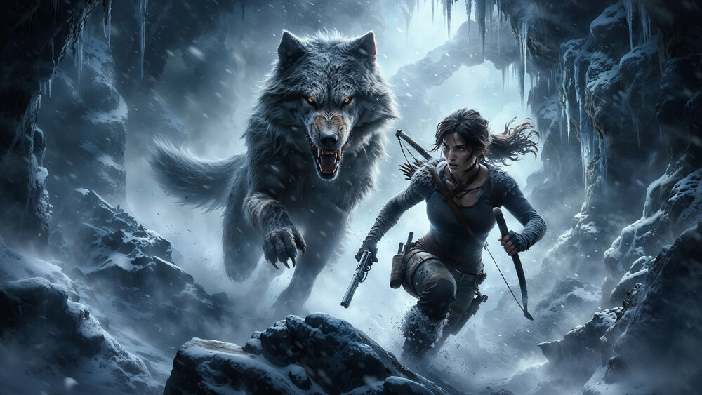 Обои для рабочего стола Персонаж игры Tomb Raider Лара Крофт, убегающая от огромного волка