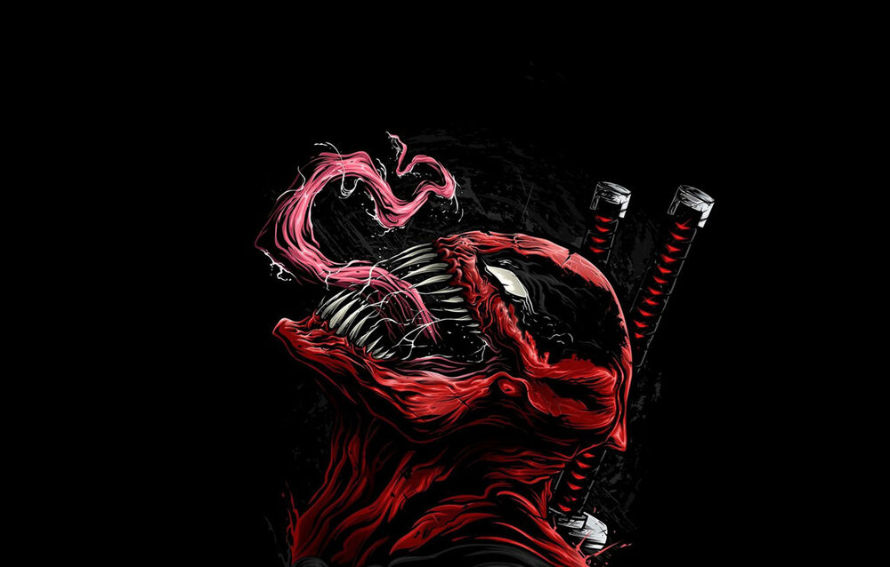 Обои для рабочего стола Монстр Deadpool VENOM смотрит вверх высунув язык на черном фоне