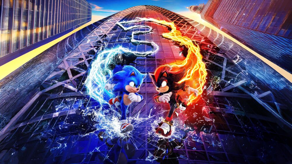 Обои для рабочего стола Соник и Шэдоу бегут по небоскребу из серии игр Sonic the Hedgehog