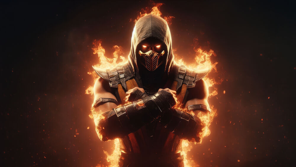Обои для рабочего стола Скорпион / Scorpion в огне на темном фоне из игры Mortal Kombat