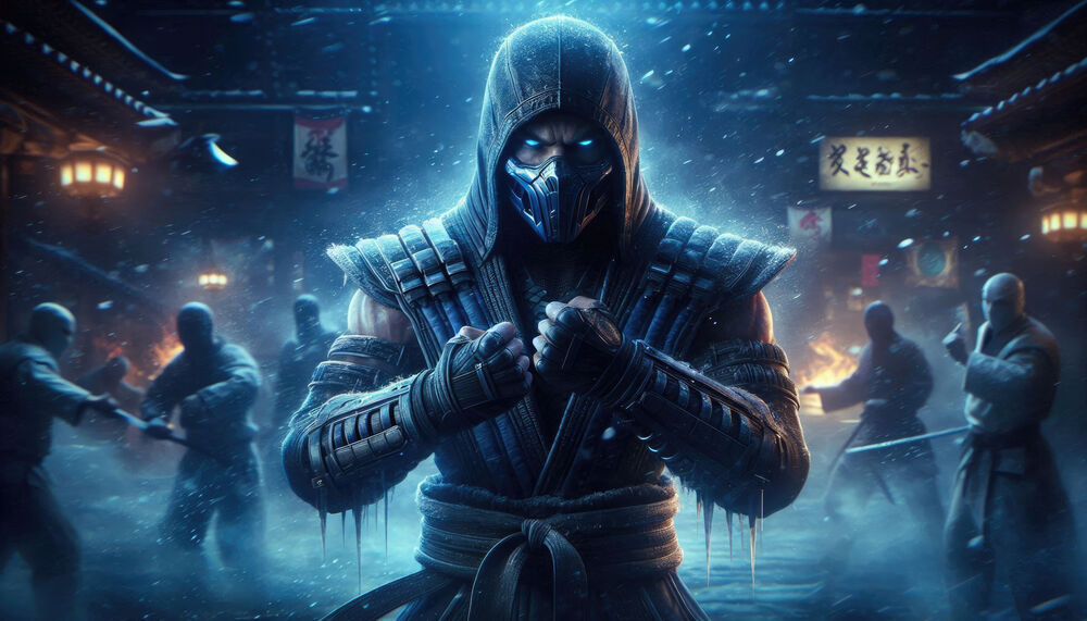 Обои для рабочего стола Саб-Зиро / Sub-Zero из серии Смертельная Битва / Mortal Kombat на фоне дерущихся людей сжимает кулаки
