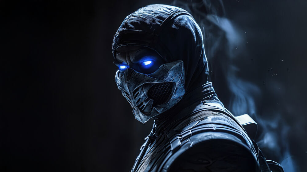 Обои для рабочего стола Саб-Зиро / Sub-Zero в пол оборота на черном фоне из изры Смертельная Битва / Mortal Kombat