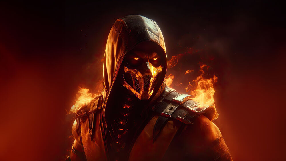Обои для рабочего стола Скорпион / Scorpion в огне в пол-оборота из игры Смертельная Битва / Mortal Kombat