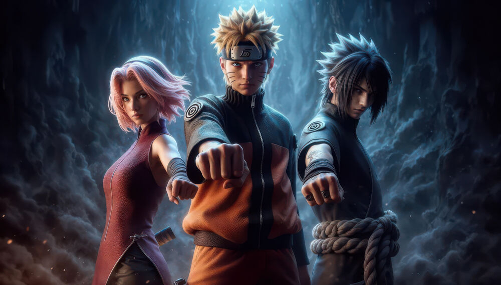 Обои для рабочего стола Команда семь - Сакура Харуно / Sakura Haruno, Наруто Узумаки / Naruto Uzumaki, Саскэ Учиха / Sasuke Uchiha из аниме Наруто / Naruto