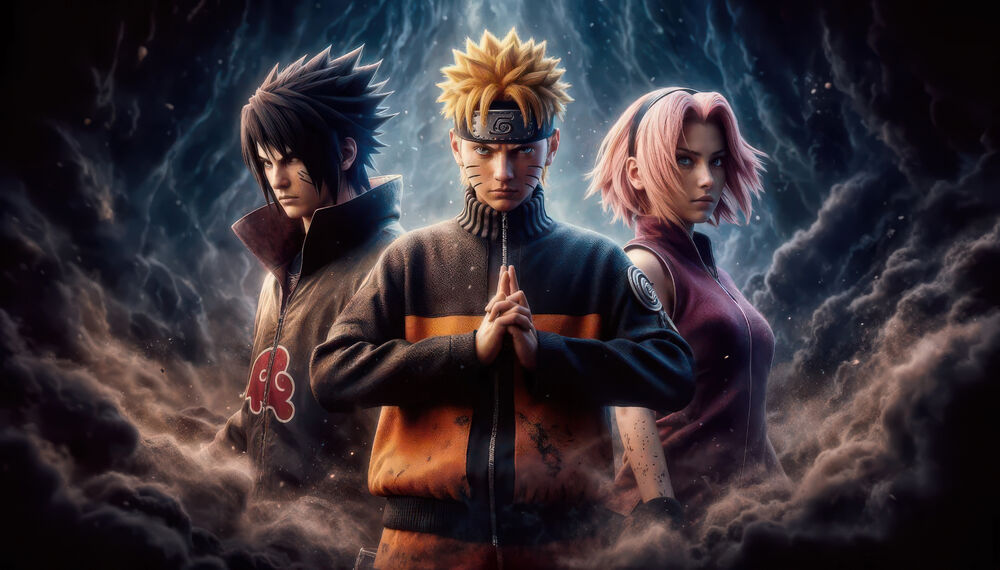 Обои для рабочего стола Команда семь - Саскэ Учиха / Sasuke Uchiha, Наруто Узумаки / Naruto Uzumaki, Сакура Харуно / Sakura Haruno из аниме Наруто / Naruto