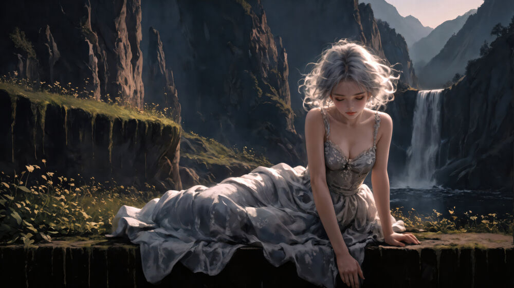 Обои для рабочего стола Девушка в сером платье присела недалеко от водопада