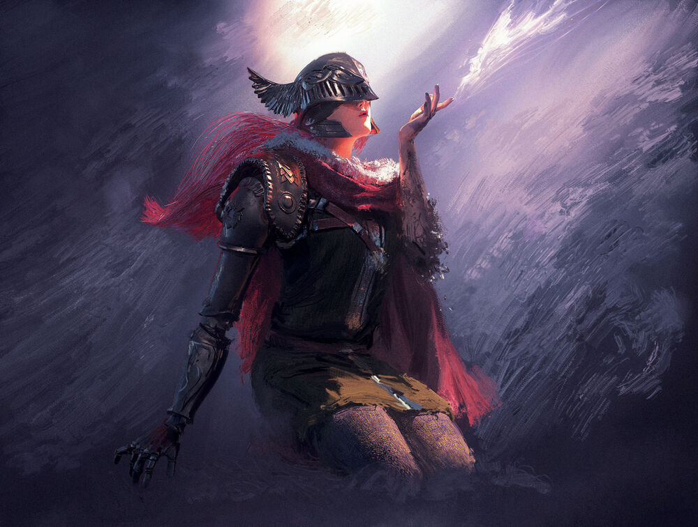 Обои для рабочего стола Malenia, Blade of Miquella / Маления, Клинок Микеллы сдувает что то с руки на сером фоне из игры Elden Ring
