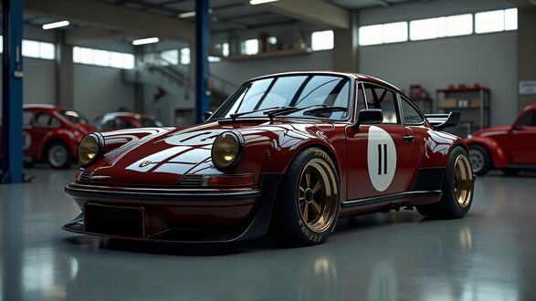 Обои на рабочий стол Красный Porsche 911 в ангаре среди других машин