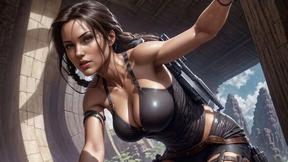 Обои на рабочий стол Лара Крофт пробирается пригнувшись в подземелье из игры Tomb Raider
