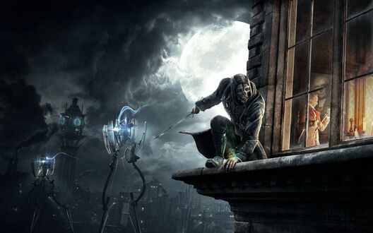 Обои на рабочий стол Корво Аттано - один из героев игры Dishonored 2 на карнизе у окна с оружием ночью