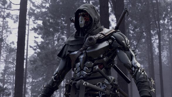 Обои на рабочий стол Cyber Ninja / Кибер-ниндзя вооруженный набором катан стоит в лесу