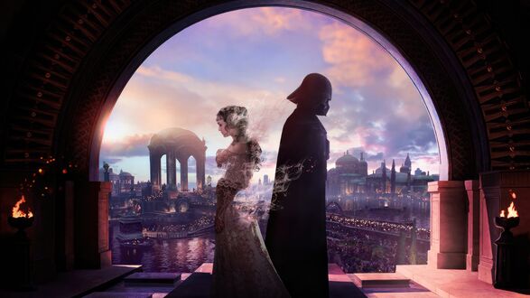 Обои на рабочий стол Natalie Portman / Натали Портман в роли Padme Amidala / Падме Амидала и Дарт Вейдер у окна в фантастический город спинами друг к другу - персонажы вселенной Звездных войн