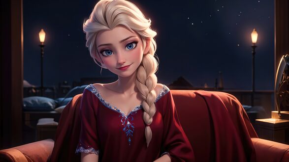 Обои на рабочий стол Принцесса Эльза из мультфильма Холодное сердце в красном платье сидит на диванчике ночью