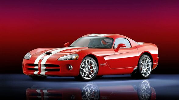 Обои на рабочий стол Красный Dodge Viper с белыми полосами на капоте