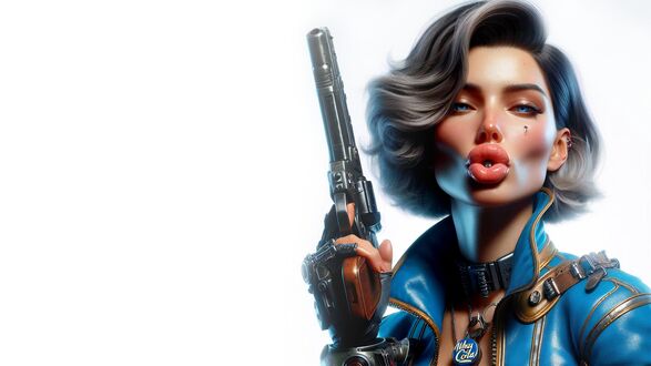 Обои на рабочий стол Девушка с кольтом на белом фоне из игр по франшизе fallout