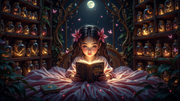 Обои на рабочий стол Маленькая девочка читает магическую книгу в комнате, где на полках расставлены банки с волшебными растениями