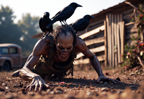 Обои на рабочий стол Три вороны сидят на зомби ползущем по земле вдоль сарая, у старого грузовика