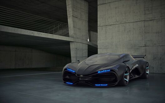 Обои на рабочий стол Концепт Lada raven 2021 на бетонной парковке