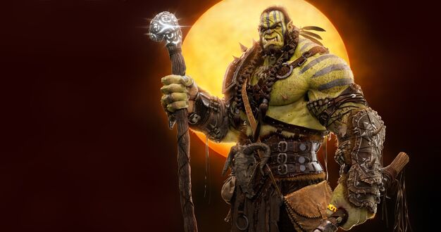 Обои на рабочий стол Орк воин с магическим посохом на фоне луны