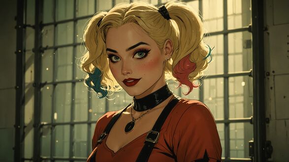 Обои на рабочий стол Harley Quinn / Харли Квин у окна с решеткой