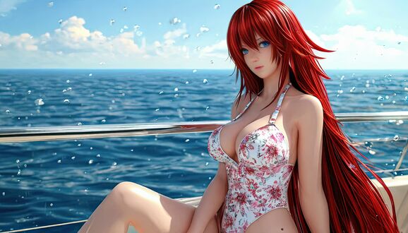 Обои на рабочий стол Риас Гремори / Rias Gremory из аниме Старшая школа DxD / High School DxD в аниме стиле в купальнике с цветами на фоне моря